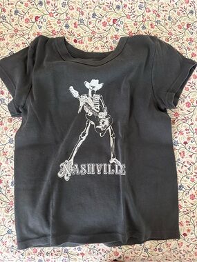 Brandy Melville Black Tee with White Skeleton Guitar Nashville Graphic
